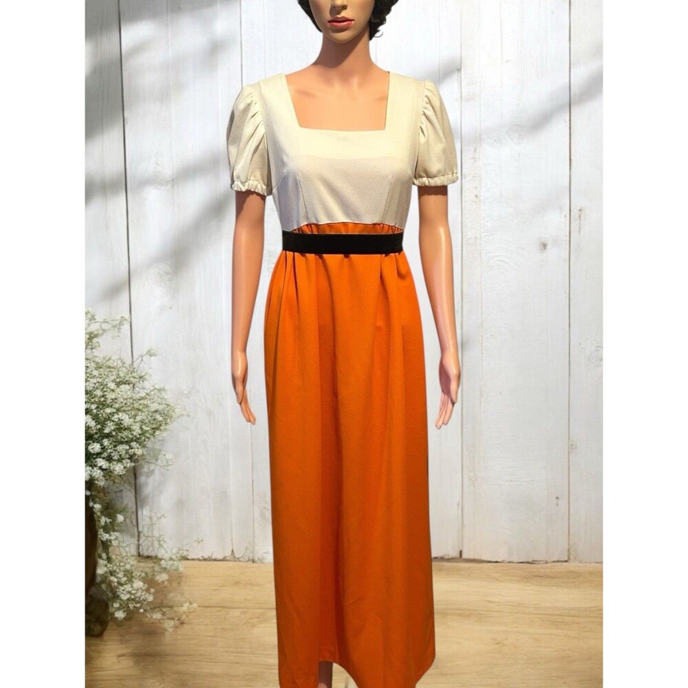 Vintage 1960s Prairie Dress Maxi Orange Cottagecore Puff Sleeve 32w L Heritage